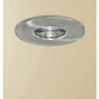 Satin silver halogen straight fire rated downlight fitting shower proof and IP65 rated. The transfor