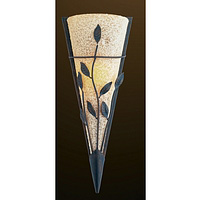 Rustic bronze finish metal complete with textured amber glass and leaf design. Height - 46cm Diamete