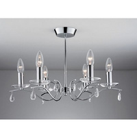Attractive polished chrome finish ceiling fitting with glass sconces and pear shaped glass droplets.