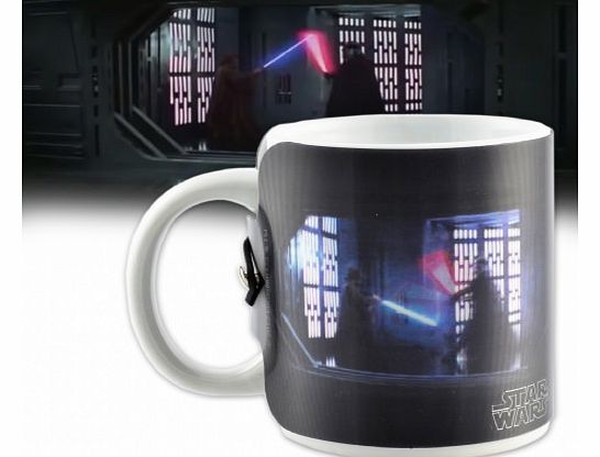 Holographic Star Wars Mug Watch Darth Vaderandtrade; and Obi Wan Kenobiandtrade; engage in a lightsaber duel on this motion wrap mug. Tilt the mug and let the battle commence! The 3D wrap easily detaches and re-attaches so that the ceramic mug can be