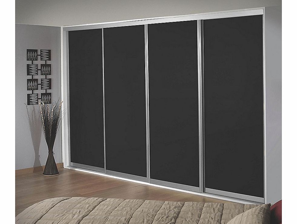 4 stylish black panel sliding wardrobe doors, complete with rollers and silver frame. Ready assembled to fit onto supplied matching trackset. Features: Pre-Assembled for Easy Installation; 10 Year Manufacturers Guarantee; 14 Day Delivery to Home or S