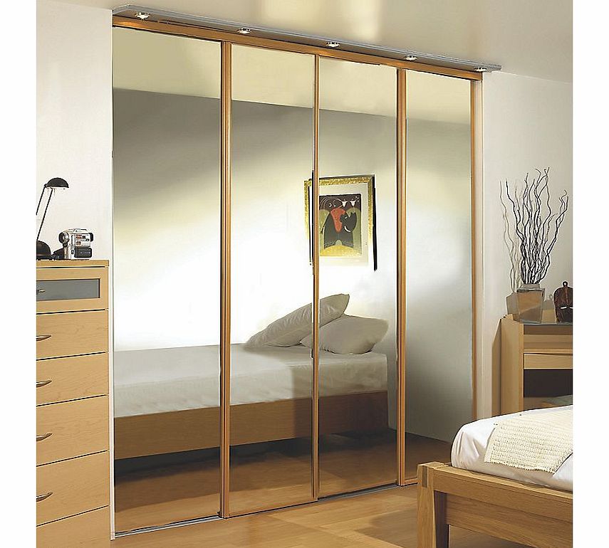 4 stylish mirror panel sliding wardrobe doors, complete with rollers and oak effect frame. Ready assembled to fit onto supplied matching trackset. Features: Pre-Assembled for Easy Installation; 10 Year Manufacturers Guarantee; Lightweight and Smooth 