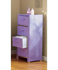 Solid pine frame. Lilac polycotton canvas effect cover. Canvas drawers with cardboard base.Size