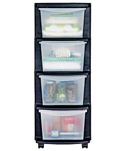 Black plastic frame storage tower.Ideal for home storage.4 drawers.Mounted on castors.Size (W)33, (H