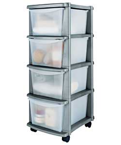 Silver plastic frame storage tower on castors with 4 clear plastic drawers.Size (H)83, (W)33, (D)39.