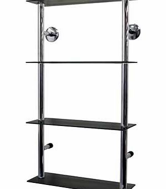 Modern styled wall mounted metal and black glass storage shelves ideal as a display or storage unit for CDs. DVDs. books. ornaments or collectables. Also ideal for a bathroom for all your toiletries. towels and loo rolls. 25cm gap vertically between 