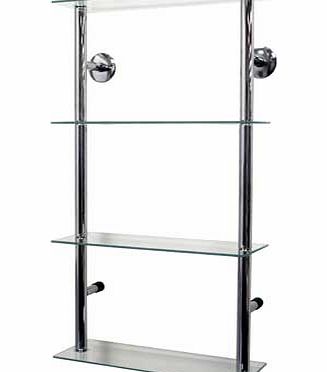 Modern styled wall mounted metal and clear glass storage shelves ideal as a display or storage unit for CDs. DVDs. books. ornaments or collectables. Also ideal for a bathroom for all your toiletries. towels and loo rolls. 25cm gap vertically between 