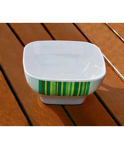 Pack of 4 green striped 5.5 inch melamine bowls. Size (H)7, (W)14, (D)14cm.