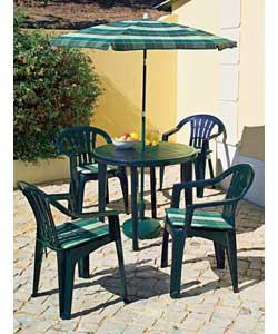 4 stacking chairs. Chair weight 2.1kg. Table weight 4.2kg. Table size (D)90cm.Packed flat for home a