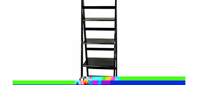 Ladder style display shelving unit made from MDF with a gloss black finish. These shelves are designed to lean against a wall or be free standing. There are four shelves - each 29cm apart - and a base shelf 11cm from the ground. Size H134. W44. D41.5