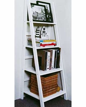 Ladder style display shelving unit made from MDF with a gloss white finish. These shelves are designed to lean against a wall or be free standing. There are four shelves - each 29cm apart - and a base shelf 11cm from the ground. Size H134. W44. D41.5