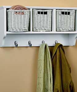 Chrome effect hooks.Excellent wall unit with dedicated storage areas for hanging coats and jackets.B