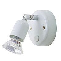 White switchable wall spot light fitting with adjustable head. Width - 9cm Projection - 14cmBulb typ