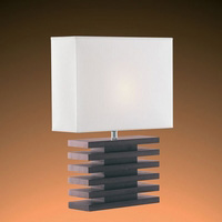 Pair of walnut wood table lamps with a slotted design and co-ordinating shades. Height - 78cm Diamet