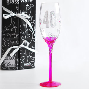 This sparkly beautifully finished champagne glass is a fantastic gift to give someone who is celebrating their 40th birthday  there is just one problem they need some bubbles in which to fill it!The champagne glass has a clear top and a pink stem and