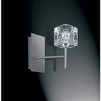 Satin silver switched wall fitting with a horizontal arm attached to a vertical arm with a clear ice