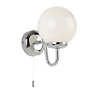 Polished chrome wall fitting with an opal glass globe. This fitting is suitable for bathroom zone 3.