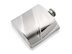 A traditional pewter hip flask with satin band.