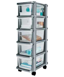 Silver plastic frame storage tower on castors with 5 clear plastic drawers.Size (H)103, (W)25, (D)39