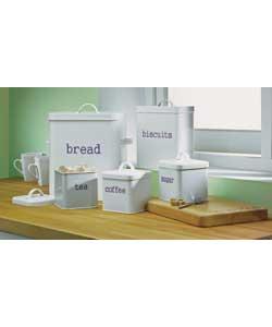 Ivory storage set. Includes: Large breadbin. Biscuit jar. Tea, coffee and sugar jars.