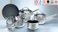 LESS THAN . Viners 5-piece stainless steel pan set comprising: 14cm milk pan, 16/18/20cm glass