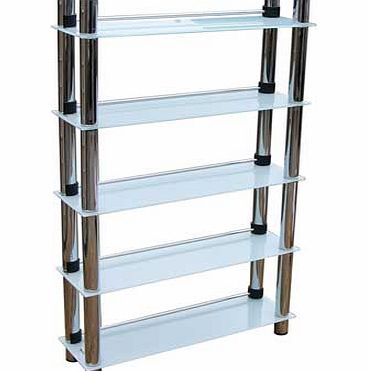 A clear glass and chrome display storage shelf ideal for DVD. CD. books etc. Five tempered glass shelves with chunky 38mm chrome supports and rear height adjustable crossbars. Capacity 250 CDs or 165 DVDs/Blu-rays/computer games. Space between shelve