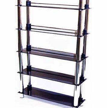 A black glass and chrome display storage shelf ideal for DVD. CD. books etc. Five tempered glass shelves with chunky 38mm chrome supports and rear height adjustable crossbars. Capacity 250 CDs or 165 DVDs/Blu-rays/computer games. Space between shelve