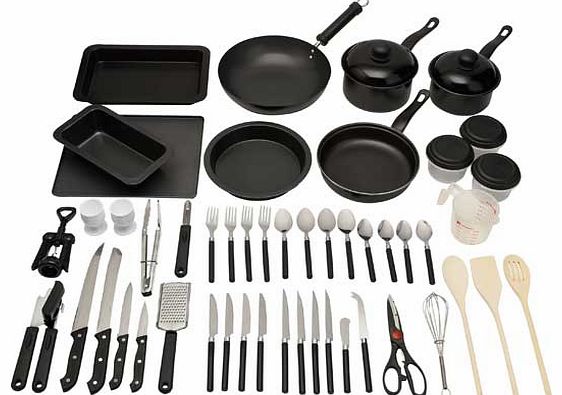 This 50 Piece Non-Stick Kitchen Starter Set has all the utensils you would need for your own kitchen. With cutlery. pans. utensils and even egg cups. this practical set means you can buy everything you need in one go. Set includes: 4 forks. 4 knives.