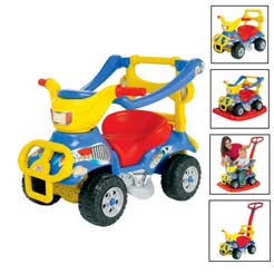 The 6 In 1 Quad can be used as:A baby walkerFoot to floor ride on with parental push handleFoot to