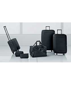 Black. Polyester. Soft. Security / clothes retaining straps. Interlocking zips on trolley case. Lid 
