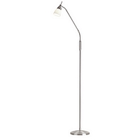 Touch dimmable satin chrome floor lamp with an adjustable arm and frosted glass shade. Height - 158c