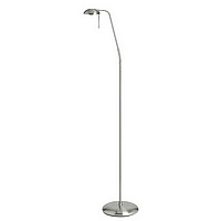 Touch dimmable satin chrome floor lamp with a circular glass dish on the head and an adjustable arm.