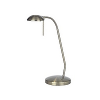 Touch dimmable antique brass desk lamp with a circular glass dish on the head and an adjustable arm.