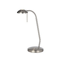 Touch dimmable satin chrome desk lamp with a circular glass dish on the head and an adjustable arm. 