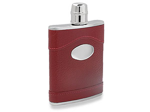 Unbranded 6oz Flask With Burgundy Leather Cover Cup And Engraving Panel 013370