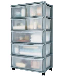 Silver plastic frame storage tower on castors with 3 wide clear plastic drawers and 4 standard size 