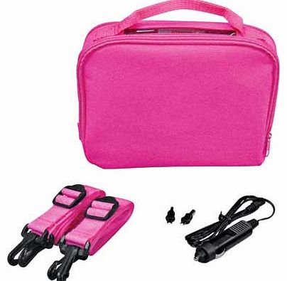 Perfect for keeping the kids entertained in the car. this pink Gadget Bag comes with plenty of accessories. Including a car charger ad carry handle for easy transportation. it also converts to a car mount with a mounting strap suitable for DVD player