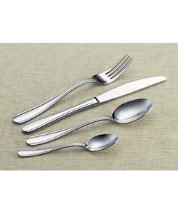 Polished stainless steel.Comprises 8 each of table knives, table forks, dessert knives, dessert