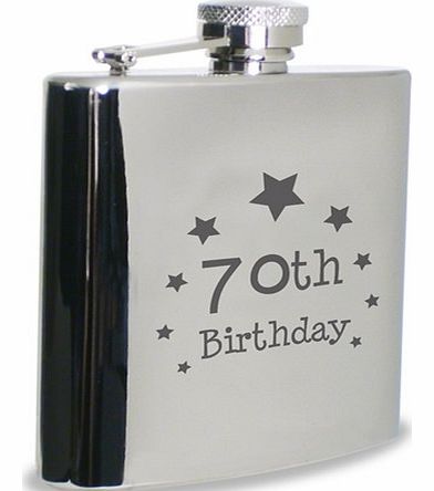 70th Birthday Engraved Hip Flask This 50th Birthday Hip Flask has 70th Birthday engraved on the front with a star motif. Made of metal, it comes boxed and measures 11.2 cm x 9.2 cm x 2.5 cm. It can take between 1 and 3 working days to engrave the fla