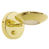 Polished brass fixture which can be swivelled left or right and up and down. There is a circular gla