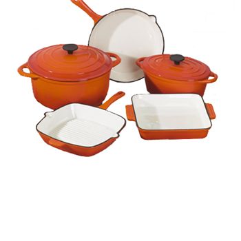 Contains: 15, 17 and 19cm saucepans, 28cm frying pan, 26cm skillet, 29cm round casserole pot, 23.5 x 18 x 10cm oval casserole pot, 25cm roasting dishThis is a Brand New item that is a customer return. Packaging may not be perfect and has been opened 