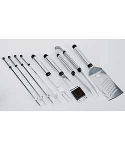 Shiny stainless steel with black handles.Includes spatula, fork, tong grill, brush and 4pcs skewers.