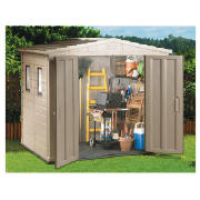 Beige and grey durable, robust resin garden shed.