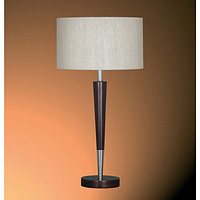 Mahogany wood table lamp with metal trim and co-ordinating shade. Height - 75cm Diameter - 24cmBulb 