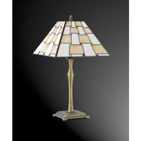 Handmade stained glass tiffany table lamp in a staggered amber finish with antique brass base and st