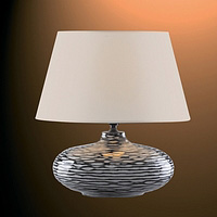 Pair of modern pumpkin-style ceramic lamps with black rippled gloss finish complete with linen effec