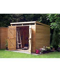 Pent style shed with high level windows.With roofing felt.Solid sheet roof and floor.Double doors.4