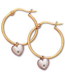 9ct 2 Coloured Gold Heart Charm Creole Earrings