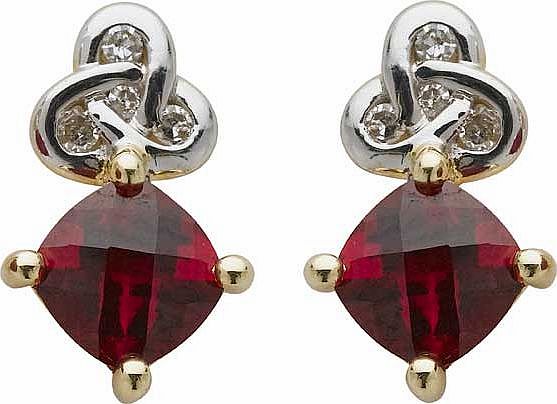 These 9ct Gold Created Ruby and Diamond stud earrings have a classic. timeless style. With knotwork reflective of unity and rubies symbolic of passion and warmth. these earrings make the perfect gift for someone special. 9ct yellow gold. Created ruby