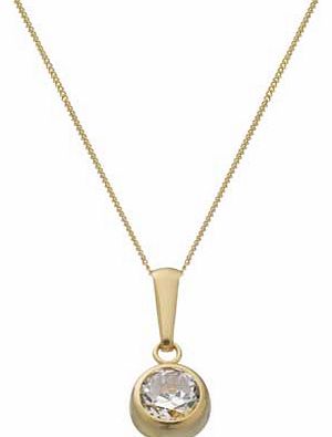 This simple but elegant 9ct Gold Cubic Zirconia Rubover Solitaire Pendant is perfect for any occasion. and makes a beautiful gift. 9ct yellow gold. Cubic zirconia set pendant. Length of necklace 40cm/16in. Pendant size H5. W5mm. Pendant diameter 5mm.